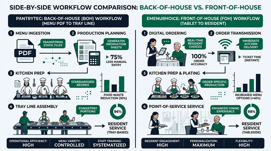 Side-by-side comparison infographic of PantryTec done-for-you menu service vs eMenuCHOICE dining POS software