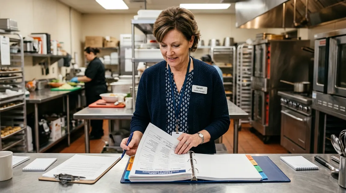 Dietitian-Approved Cycle Menus for Senior Care Facilities - Dietary manager reviewing printed cycle menu at senior care facility kitchen Dietitian-Approved Cycle Menus for Senior Care Facilities - Dietary manager reviewing printed cycle menu at senior care facility kitchen