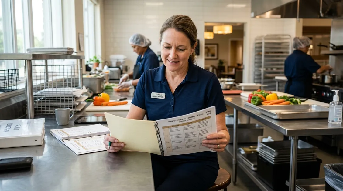 Assisted living dietary manager reviewing a printed dietitian-approved cycle menu in a senior care kitchen