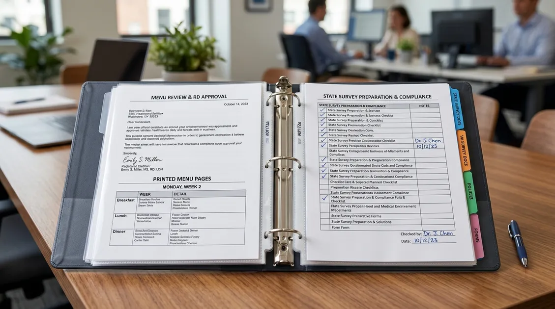 Compliance binder with printed menus, RD approval letter, and nutritional documentation Compliance binder with printed menus, RD approval letter, and nutritional documentation