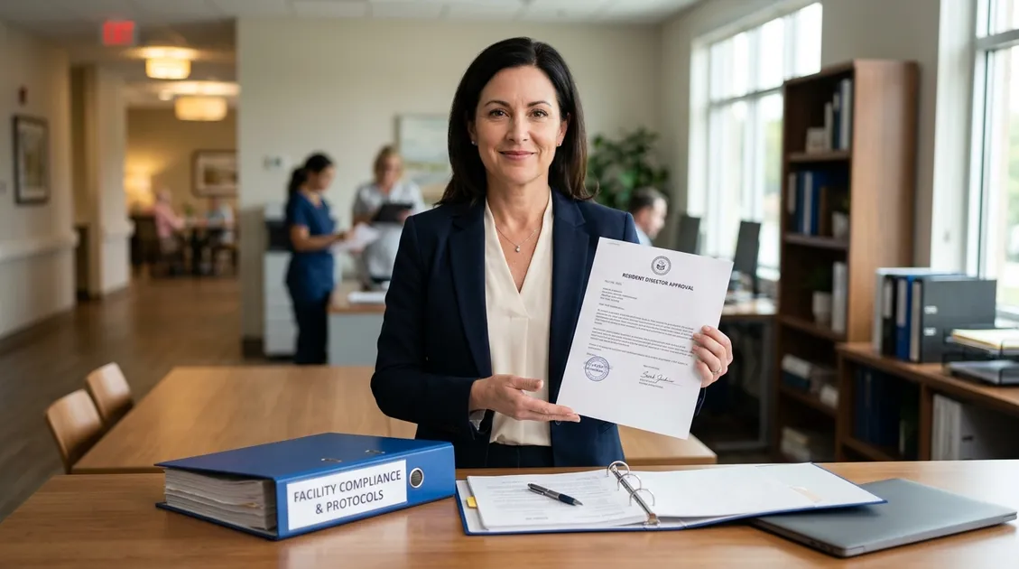 Assisted living facility administrator reviewing compliance binder with printed RD approval letter Assisted living facility administrator reviewing compliance binder with printed RD approval letter