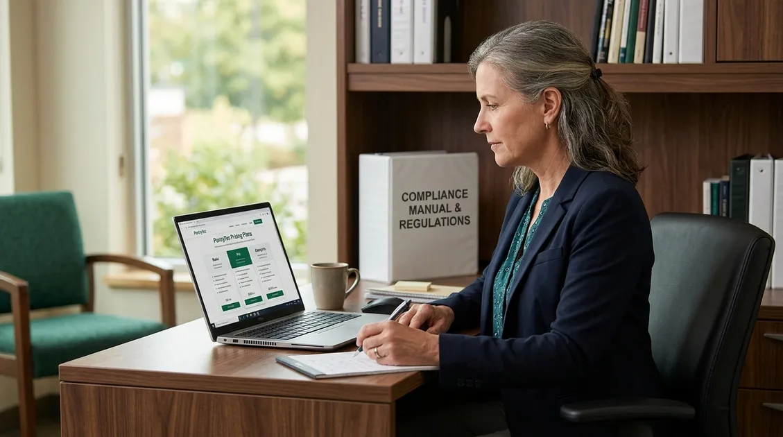 Assisted living administrator reviewing PantryTec pricing plans on laptop Assisted living administrator reviewing PantryTec pricing plans on laptop