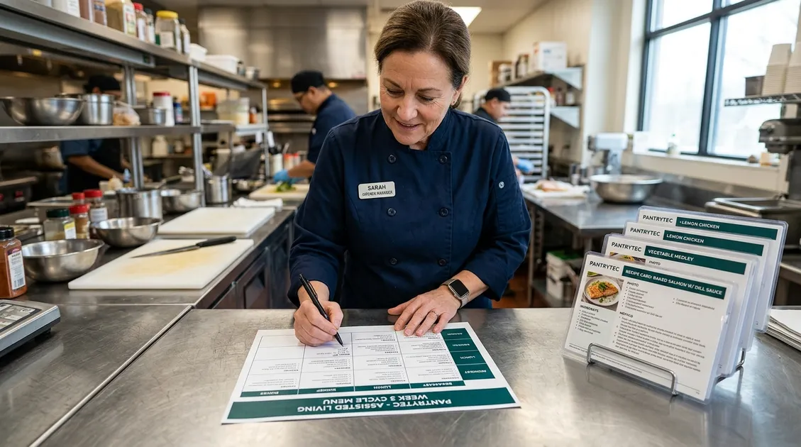 Dietitian-Approved Cycle Menus for Senior Care Facilities - Kitchen manager reviewing a printed PantryTec cycle menu in an assisted living facility kitchen Dietitian-Approved Cycle Menus for Senior Care Facilities - Kitchen manager reviewing a printed PantryTec cycle menu in an assisted living facility kitchen