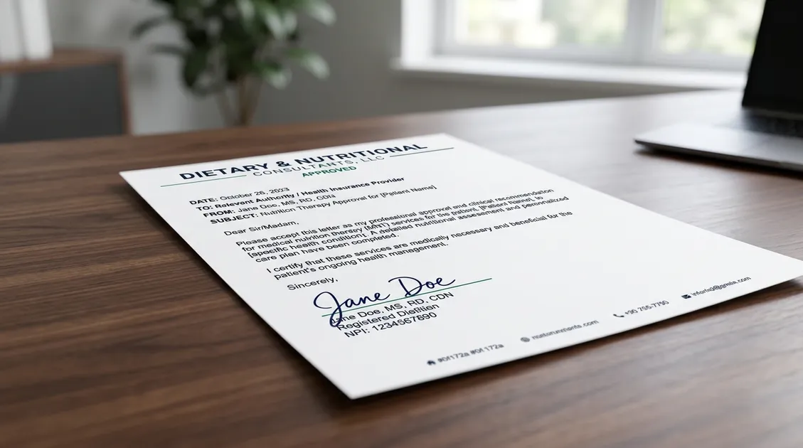 Close-up of a signed RD Approval Letter with dietitian credentials for nursing home compliance Close-up of a signed RD Approval Letter with dietitian credentials for nursing home compliance