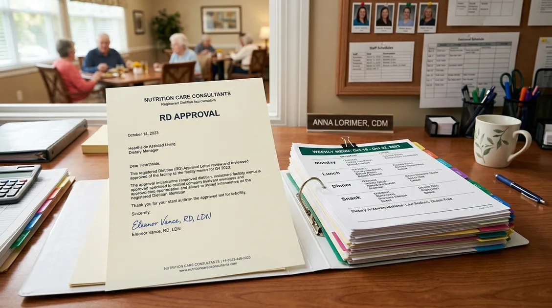 Dietitian-Approved Cycle Menus for Senior Care Facilities - RD Approval Letter document next to a printed weekly cycle menu on a dietary manager desk