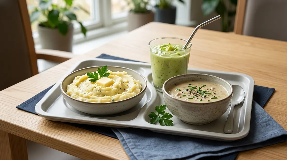Calorie-dense meal tray with fortified mashed potatoes, avocado smoothie, and protein-enriched soup Calorie-dense meal tray with fortified mashed potatoes, avocado smoothie, and protein-enriched soup