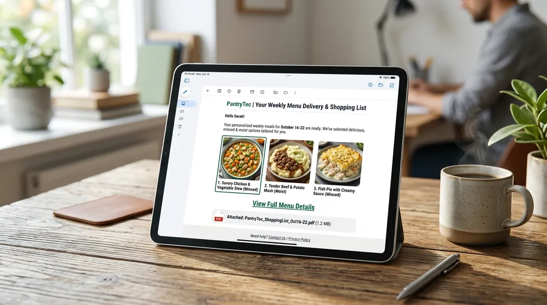 Email inbox showing PantryTec weekly menu PDF delivery with meal thumbnails and shopping list Email inbox showing PantryTec weekly menu PDF delivery with meal thumbnails and shopping list