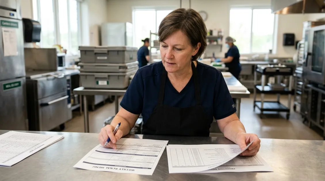 Kitchen manager reviewing printed PantryTec renal menu PDF at senior care facility Kitchen manager reviewing printed PantryTec renal menu PDF at senior care facility
