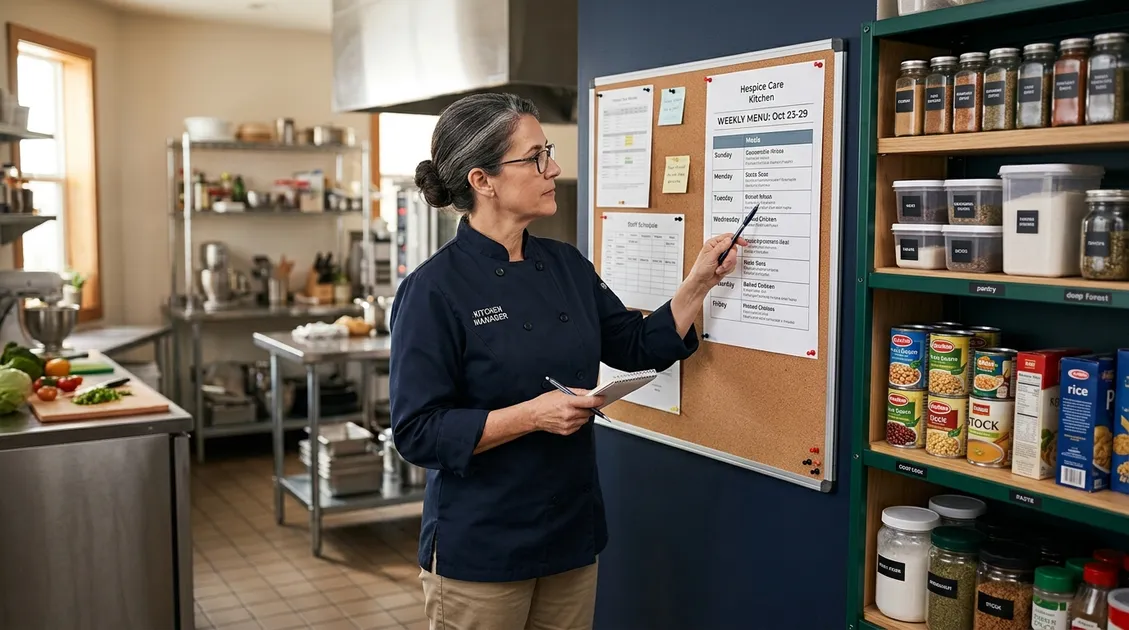 Kitchen manager reviewing weekly hospice menu PDF next to organized pantry Kitchen manager reviewing weekly hospice menu PDF next to organized pantry