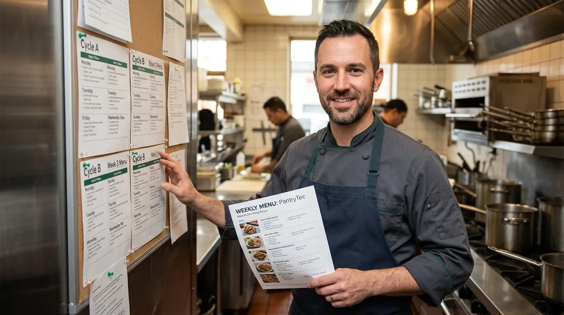 Dietitian-Approved Cycle Menus for Senior Care Facilities - Kitchen manager reviewing printed diabetic cycle menu posted on commercial kitchen wall Dietitian-Approved Cycle Menus for Senior Care Facilities - Kitchen manager reviewing printed diabetic cycle menu posted on commercial kitchen wall