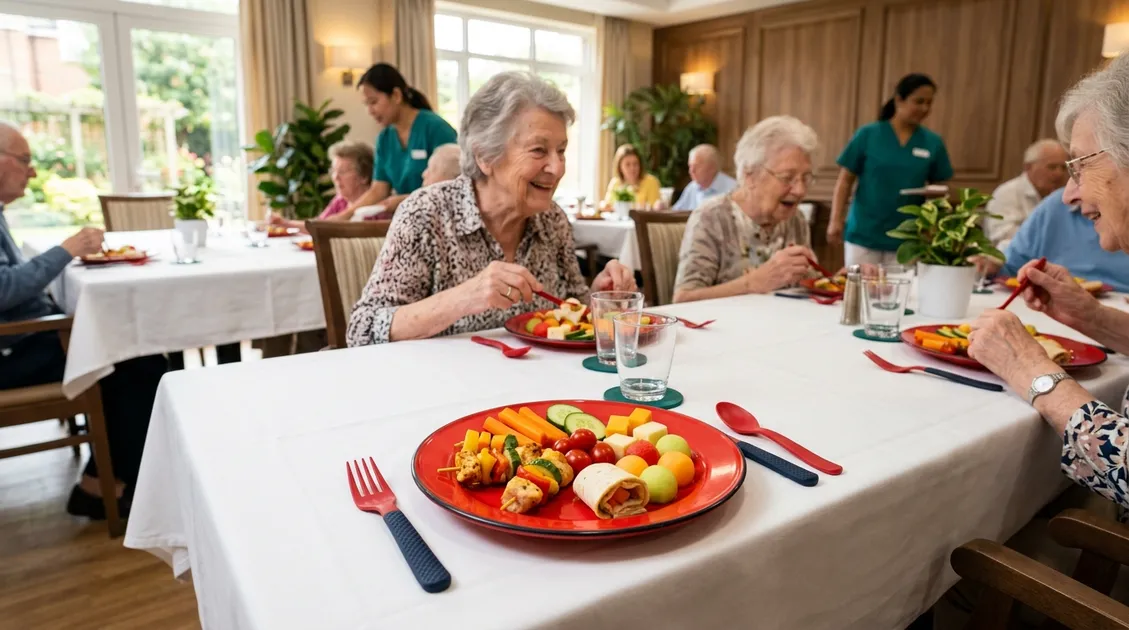 Printed safety-net menu card attached to a tray line station in a senior care kitchen
