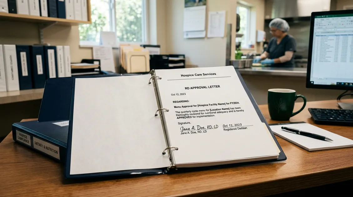 Dietitian-Approved Cycle Menus for Senior Care Facilities - Compliance binder open to dietitian approval letter in hospice kitchen Dietitian-Approved Cycle Menus for Senior Care Facilities - Compliance binder open to dietitian approval letter in hospice kitchen