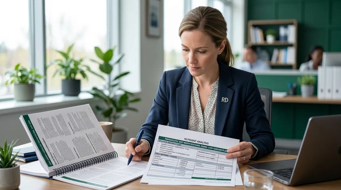 Dietitian-Approved Cycle Menus for Senior Care Facilities - Registered dietitian reviewing a 10-week cycle menu nutritional analysis report for a senior care facility Dietitian-Approved Cycle Menus for Senior Care Facilities - Registered dietitian reviewing a 10-week cycle menu nutritional analysis report for a senior care facility
