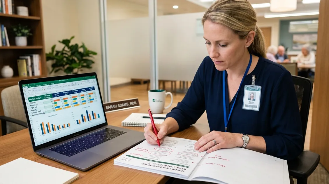 Dietitian-Approved Cycle Menus for Senior Care Facilities - Registered Dietitian analyzing nutritional data on a senior care menu printout Dietitian-Approved Cycle Menus for Senior Care Facilities - Registered Dietitian analyzing nutritional data on a senior care menu printout