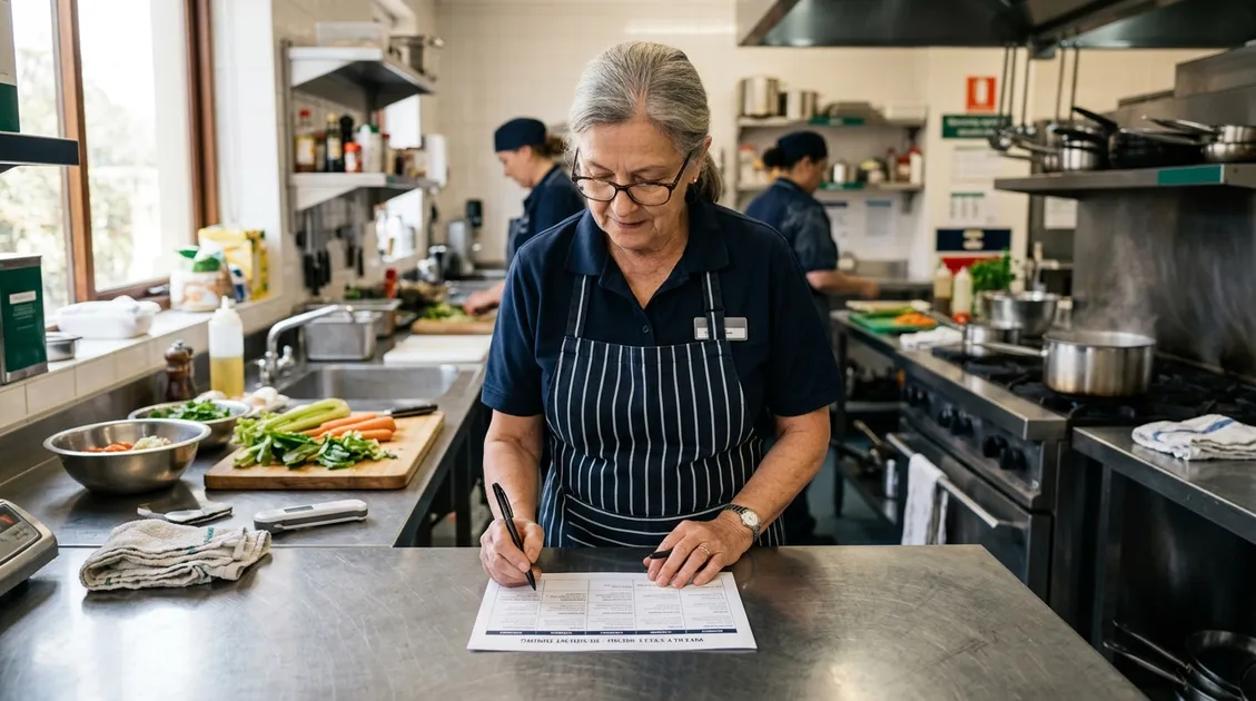 Photo of a senior care facility kitchen manager reviewing printed cycle menus Photo of a senior care facility kitchen manager reviewing printed cycle menus
