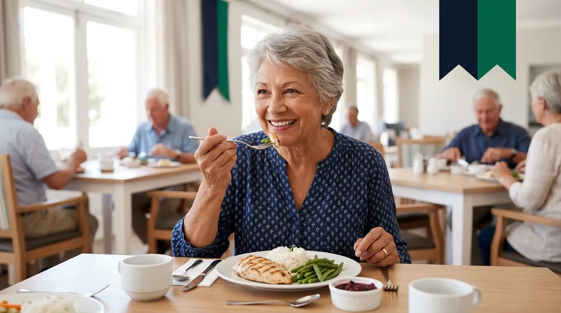 Senior resident enjoying a renal-friendly meal in assisted living dining room Senior resident enjoying a renal-friendly meal in assisted living dining room