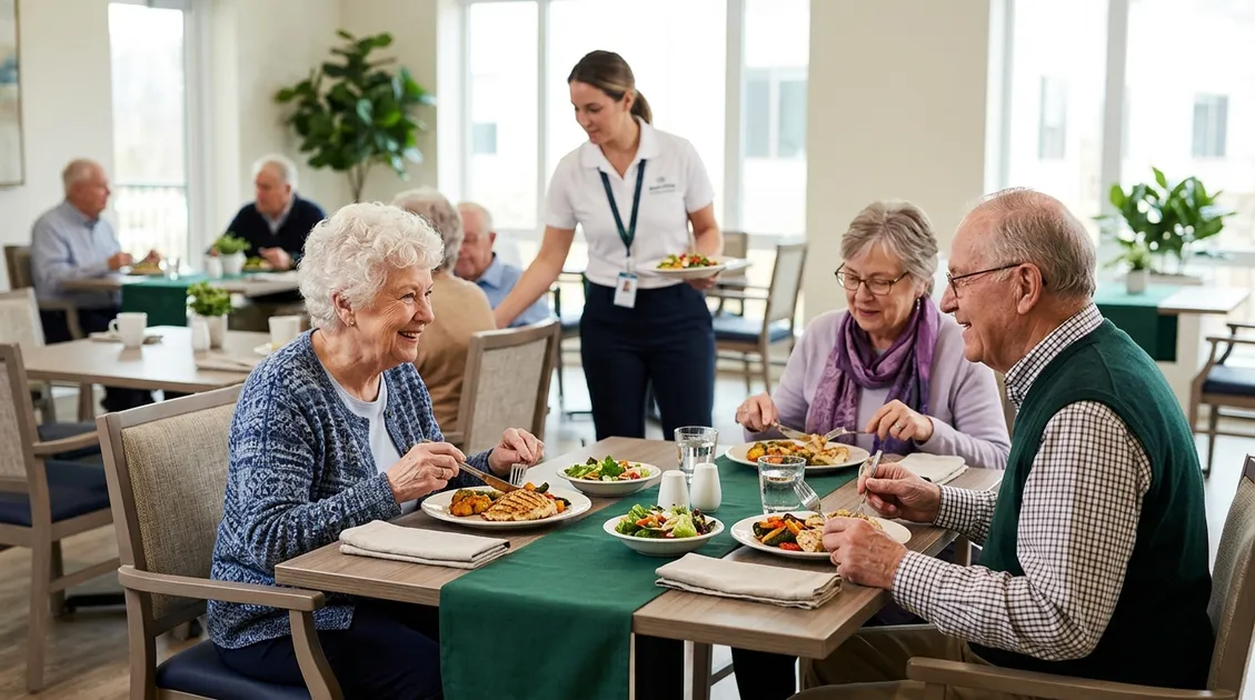Assisted living facility dining room with seniors enjoying a meal from a dietitian-approved cycle menu Assisted living facility dining room with seniors enjoying a meal from a dietitian-approved cycle menu