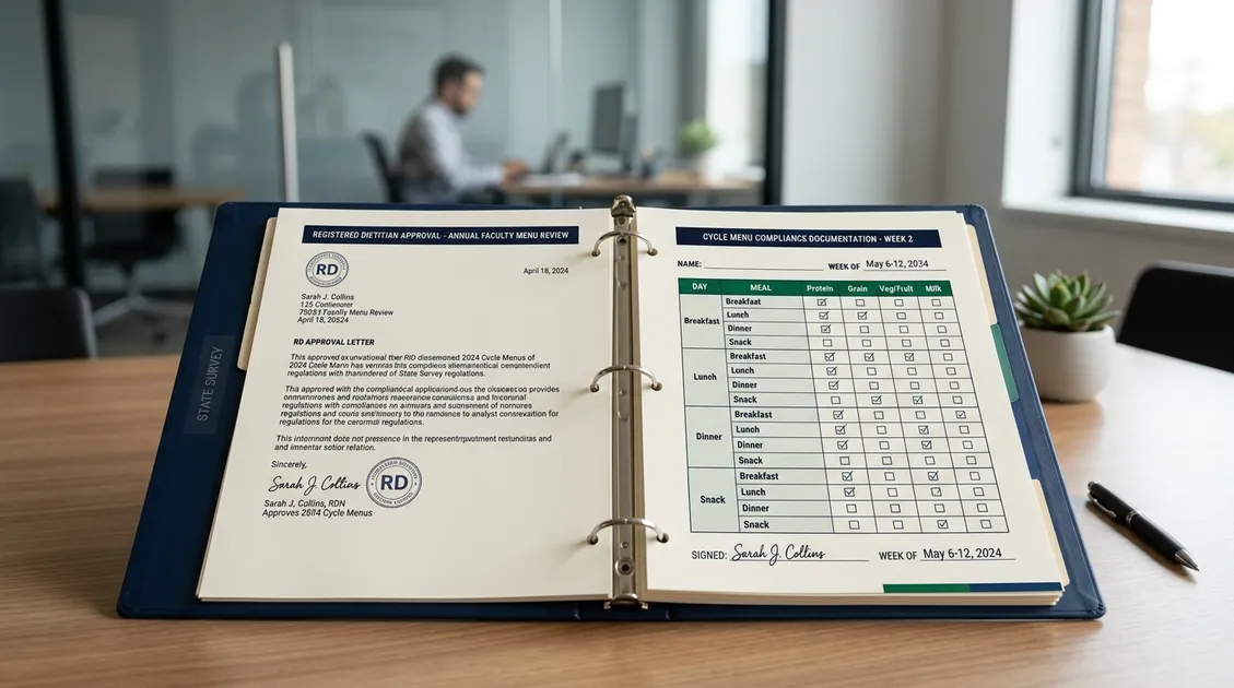 Dietitian-Approved Cycle Menus for Senior Care Facilities - Assisted living dietary manager reviewing renal diet compliance documentation Dietitian-Approved Cycle Menus for Senior Care Facilities - Assisted living dietary manager reviewing renal diet compliance documentation