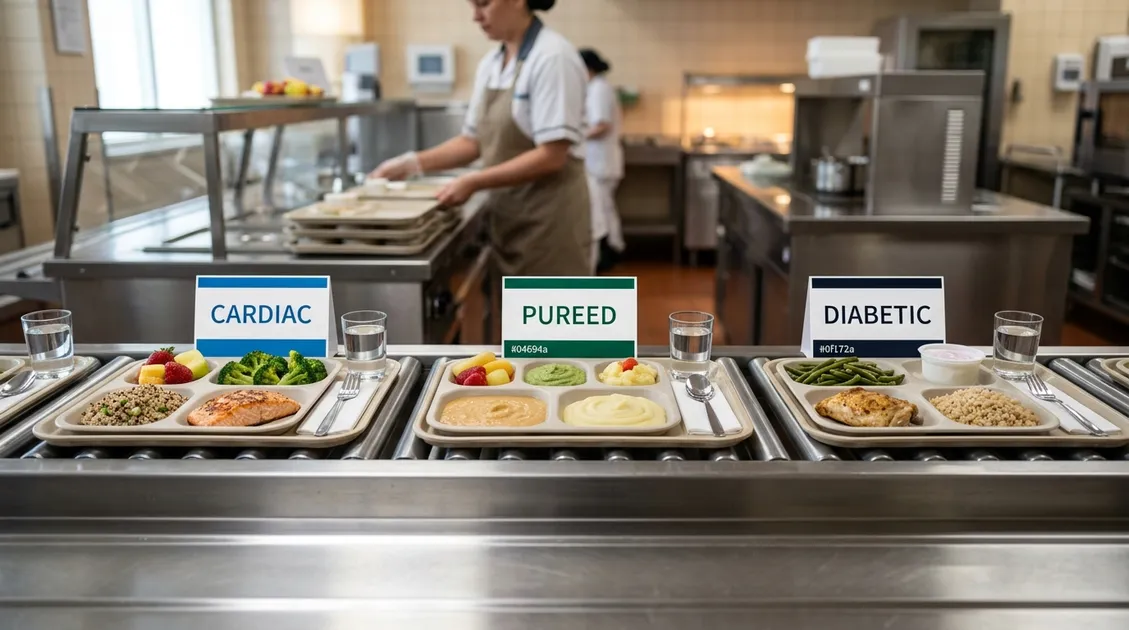 Therapeutic diet meal trays labeled cardiac pureed and diabetic on a senior care kitchen tray line