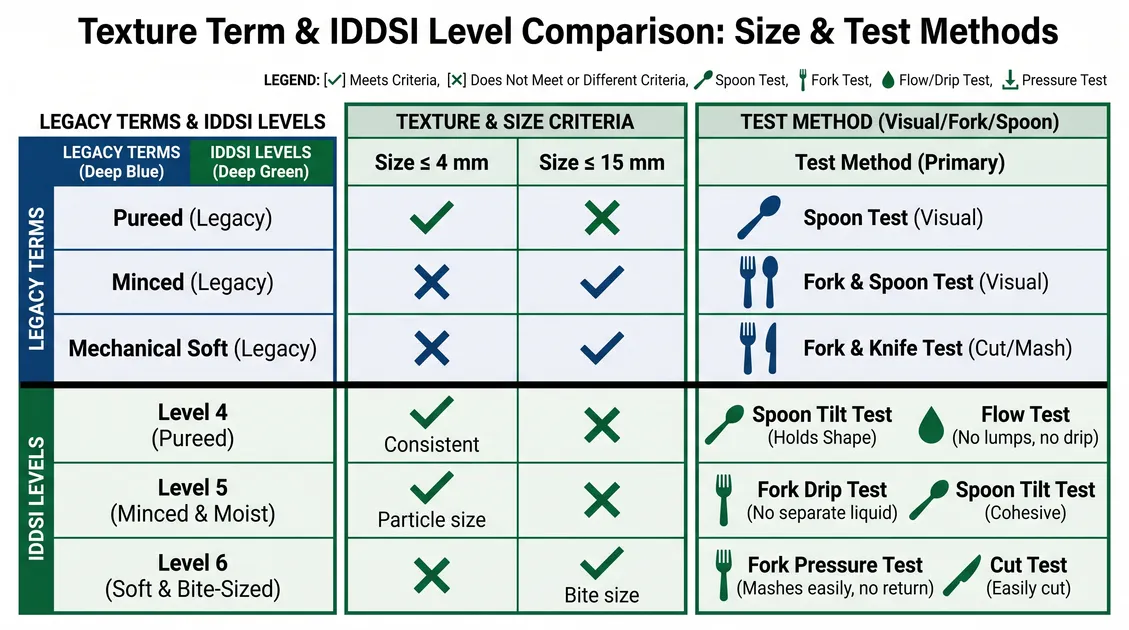 Comparison chart of legacy texture names against IDDSI Levels 4, 5, and 6 with test methods