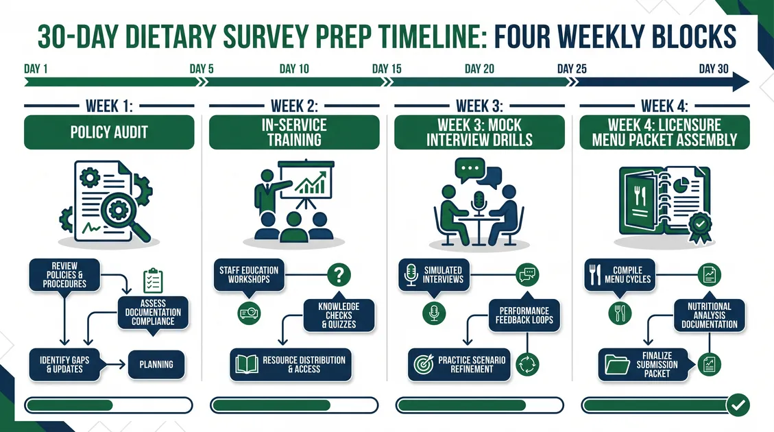 Infographic showing a 30-day dietary survey prep timeline for assisted living menu documentation