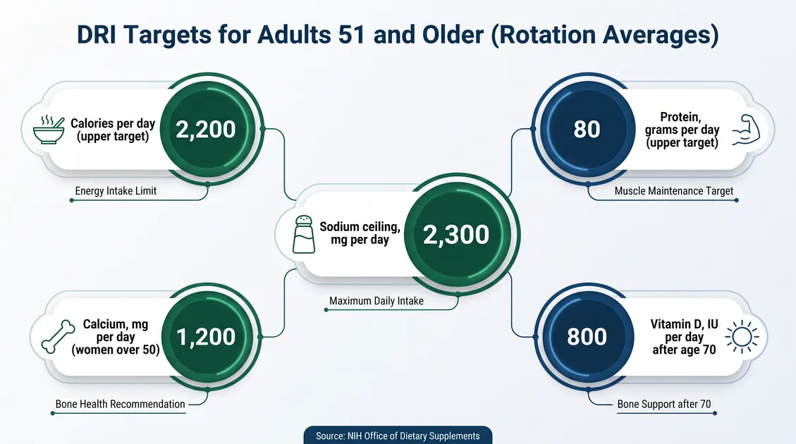 Infographic of DRI targets for adults 51 and older averaged across a cycle menu rotation Infographic of DRI targets for adults 51 and older averaged across a cycle menu rotation