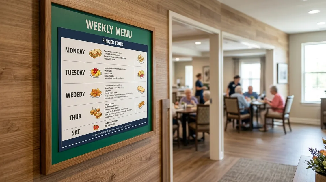 Large-print weekly cycle menu posted at eye level outside a memory care dining room Large-print weekly cycle menu posted at eye level outside a memory care dining room