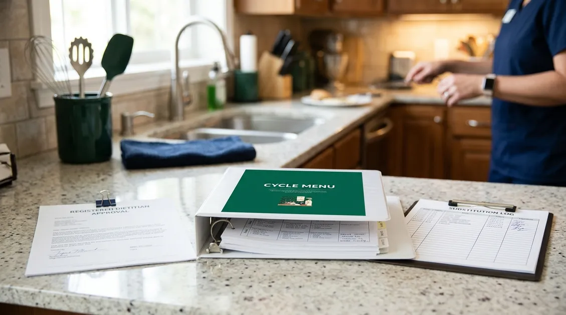 Printed senior living cycle menu binder open on an assisted living kitchen counter Printed senior living cycle menu binder open on an assisted living kitchen counter