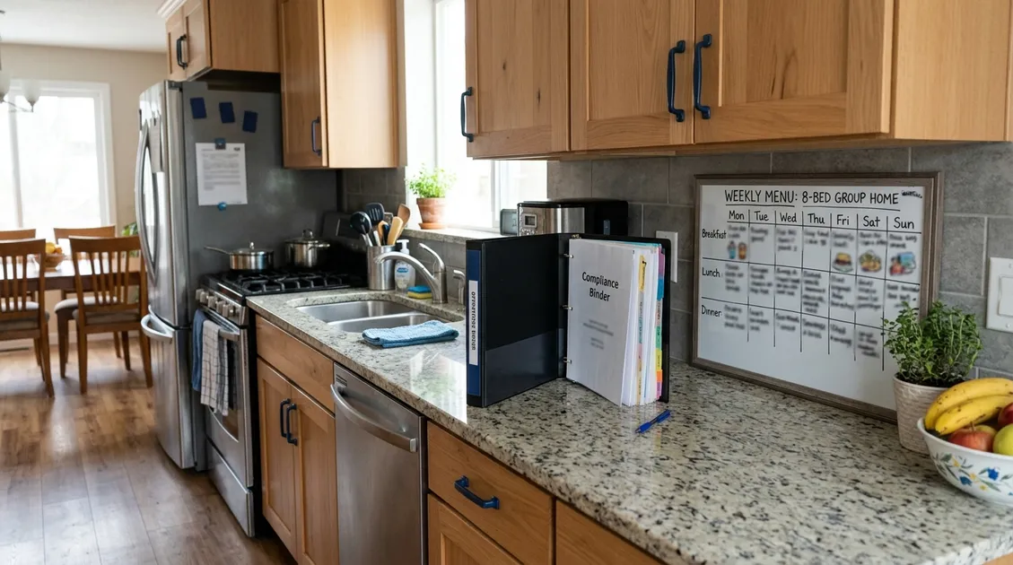 Small group home kitchen with a posted weekly cycle menu and dated substitution log binder Small group home kitchen with a posted weekly cycle menu and dated substitution log binder