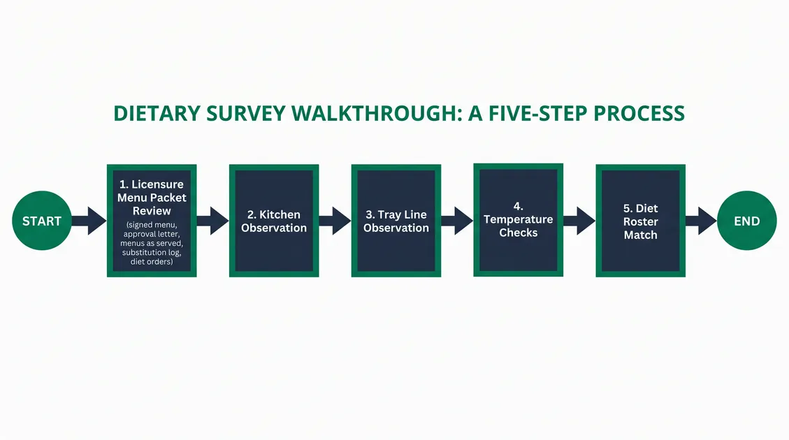 Process flow of a state dietary survey walkthrough from licensure menu packet review to kitchen tray line observation Process flow of a state dietary survey walkthrough from licensure menu packet review to kitchen tray line observation