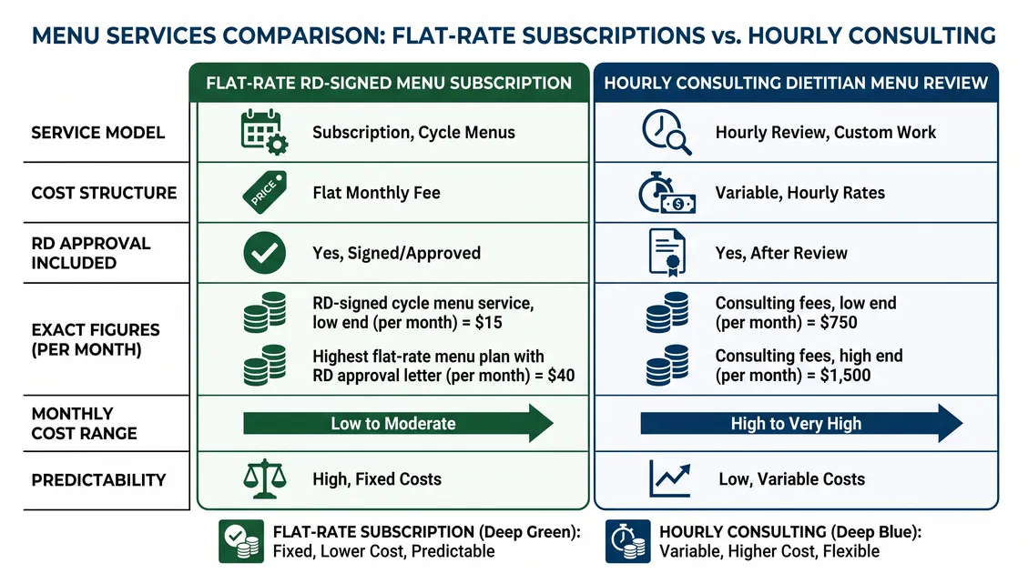 Comparison chart of flat-rate RD-signed cycle menu plans versus hourly consulting dietitian menu reviews Comparison chart of flat-rate RD-signed cycle menu plans versus hourly consulting dietitian menu reviews