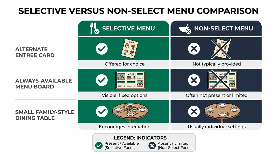 Selective versus non-select menu comparison with alternate entree, always-available menu items and family-style dining t Selective versus non-select menu comparison with alternate entree, always-available menu items and family-style dining t