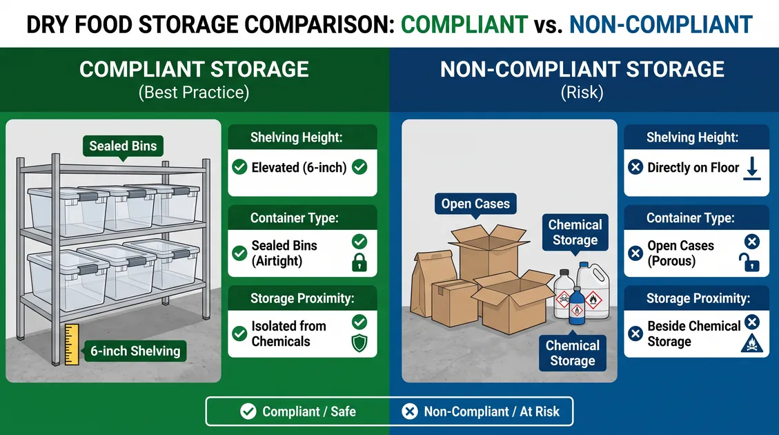 Comparison of compliant dry food storage with six-inch floor clearance versus cases stacked on the floor Comparison of compliant dry food storage with six-inch floor clearance versus cases stacked on the floor