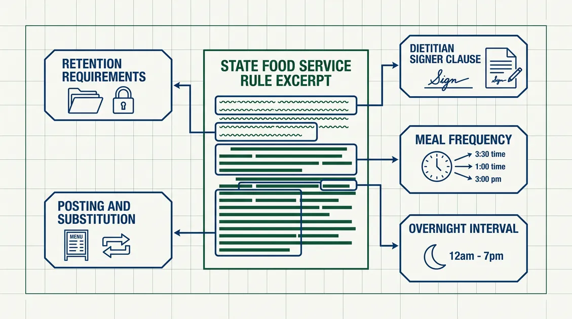 Diagram of a state assisted living food service rule showing dietitian signer, daily meals, overnight gap, posting and r Diagram of a state assisted living food service rule showing dietitian signer, daily meals, overnight gap, posting and r