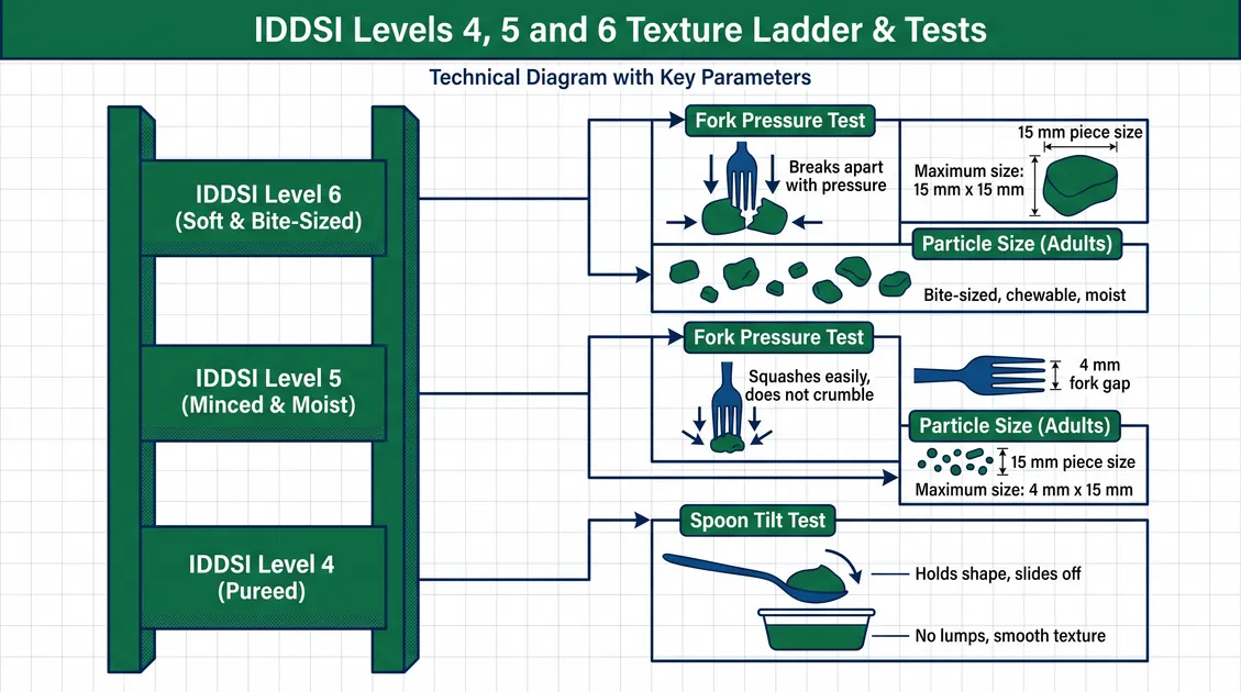 IDDSI texture levels 4, 5 and 6 diagram with fork gap and spoon tilt tests for senior care texture-modified menus IDDSI texture levels 4, 5 and 6 diagram with fork gap and spoon tilt tests for senior care texture-modified menus