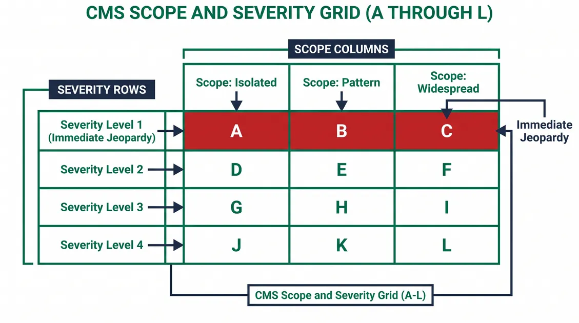 Diagram of the CMS dietary scope and severity grid with four severity levels and letters A through L Diagram of the CMS dietary scope and severity grid with four severity levels and letters A through L