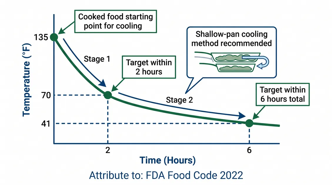 Diagram of the FDA Food Code cooling curve from 135F to 70F in two hours and to 41F within six hours Diagram of the FDA Food Code cooling curve from 135F to 70F in two hours and to 41F within six hours