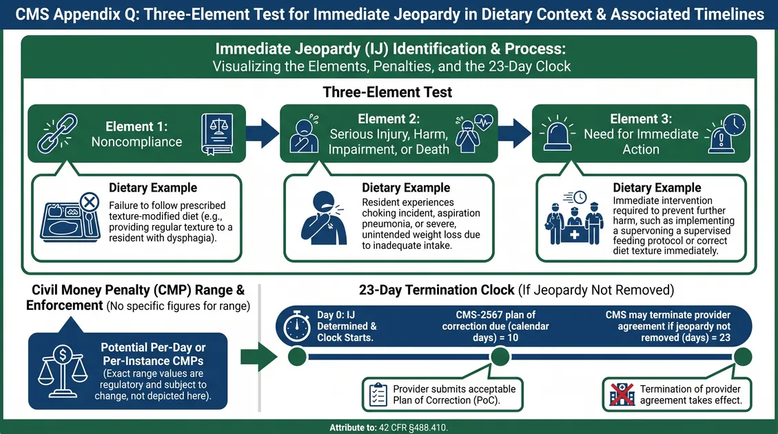 Infographic of the CMS Appendix Q three-part immediate jeopardy test with the 23-day termination clock