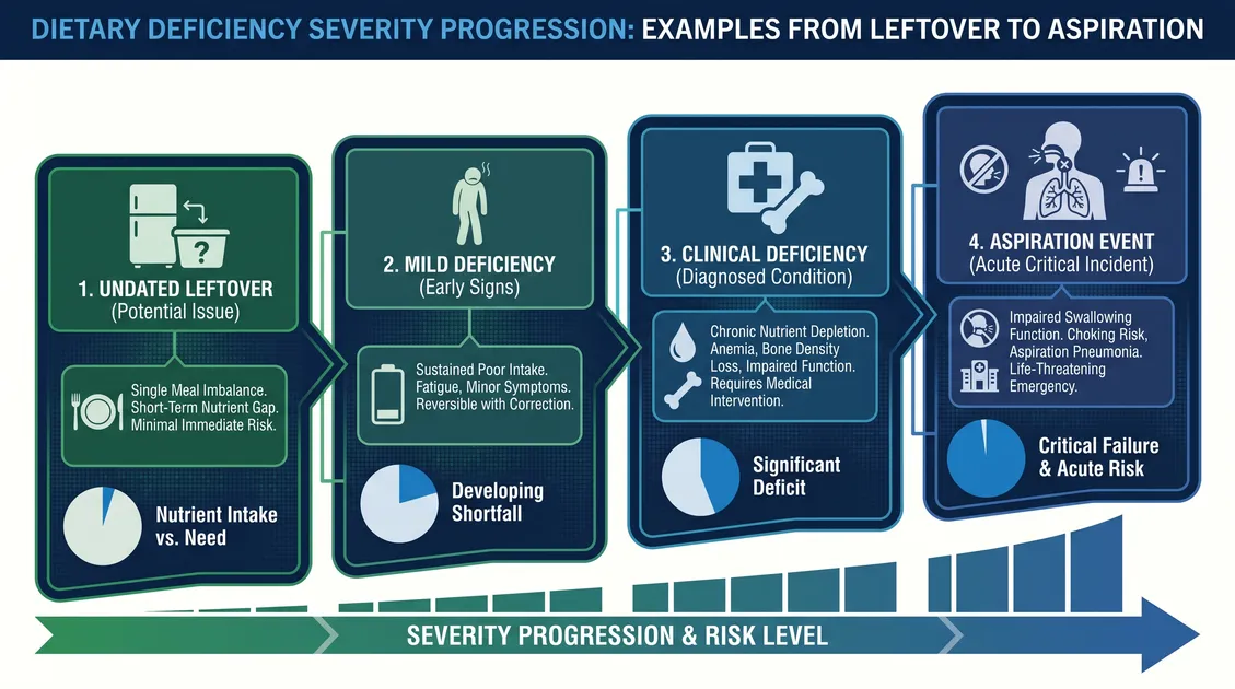 Infographic mapping dietary examples to severity levels 1 through 4, from unlabeled leftovers to a wrong-texture tray Infographic mapping dietary examples to severity levels 1 through 4, from unlabeled leftovers to a wrong-texture tray