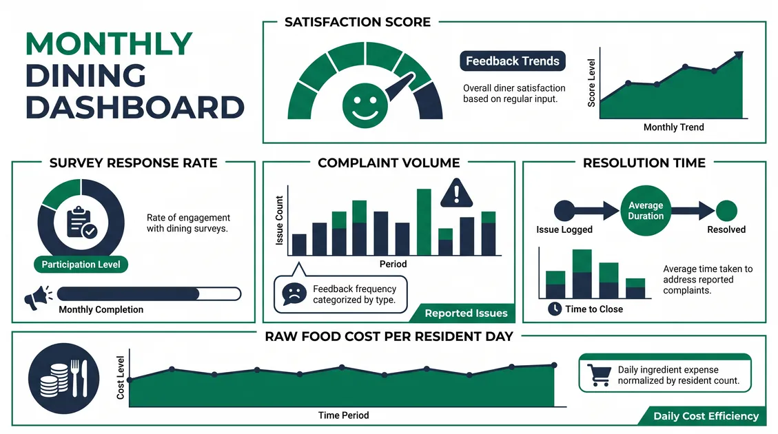 Five-metric monthly dining dashboard for a senior living executive director including PRD food cost Five-metric monthly dining dashboard for a senior living executive director including PRD food cost
