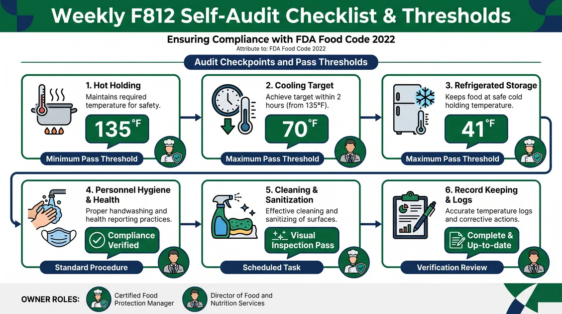 Infographic of a weekly F812 self-audit with pass thresholds and assigned kitchen owners Infographic of a weekly F812 self-audit with pass thresholds and assigned kitchen owners