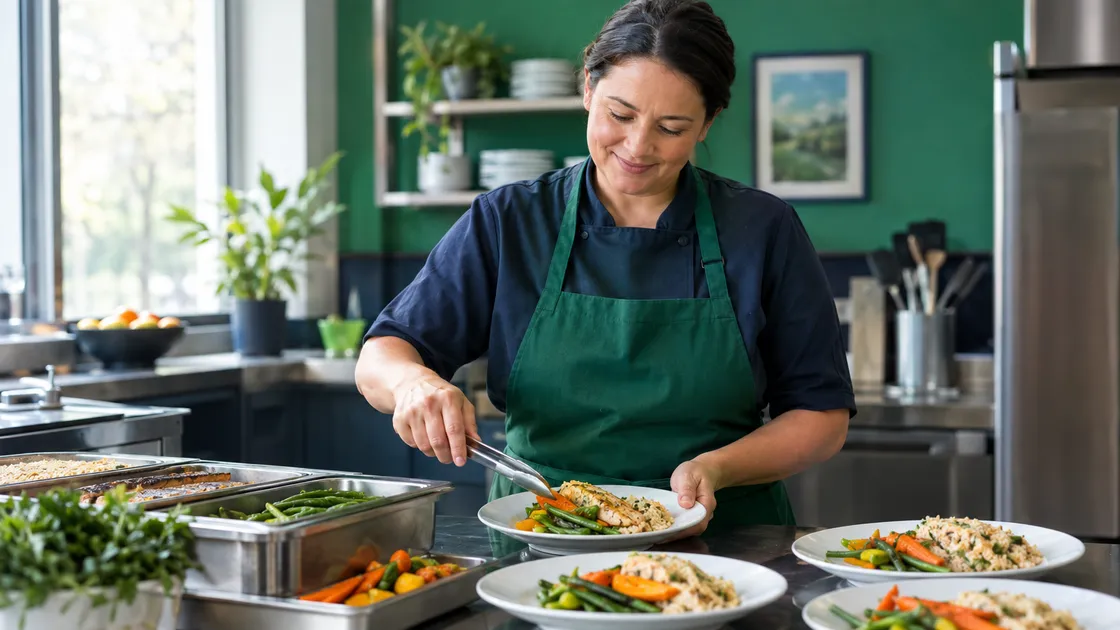 Assisted living cook plating lunch from a dietitian-approved cycle menu, a grove menus alternative in practice Assisted living cook plating lunch from a dietitian-approved cycle menu, a grove menus alternative in practice