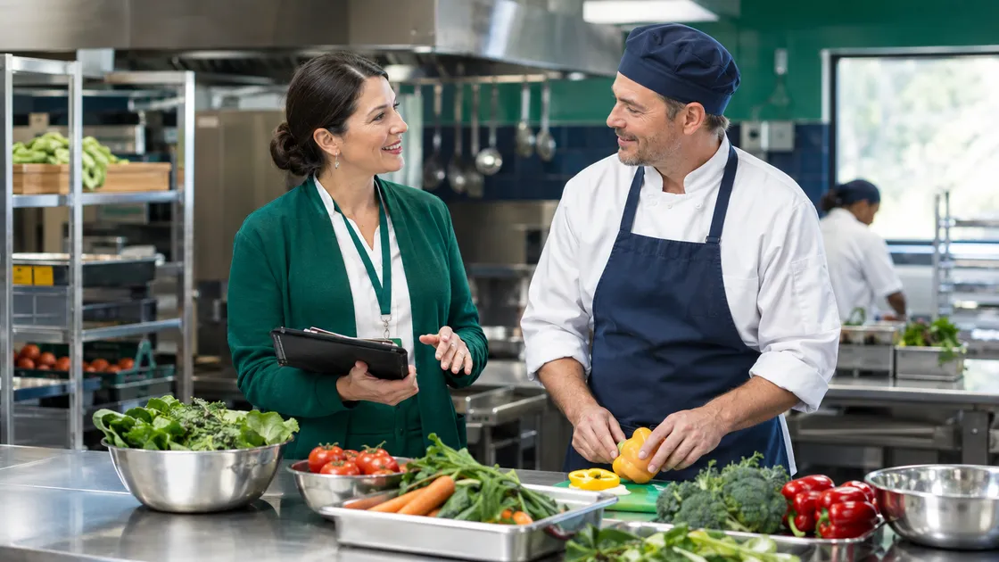 Dietary manager and cook talking through next week's production in a senior care kitchen Dietary manager and cook talking through next week's production in a senior care kitchen
