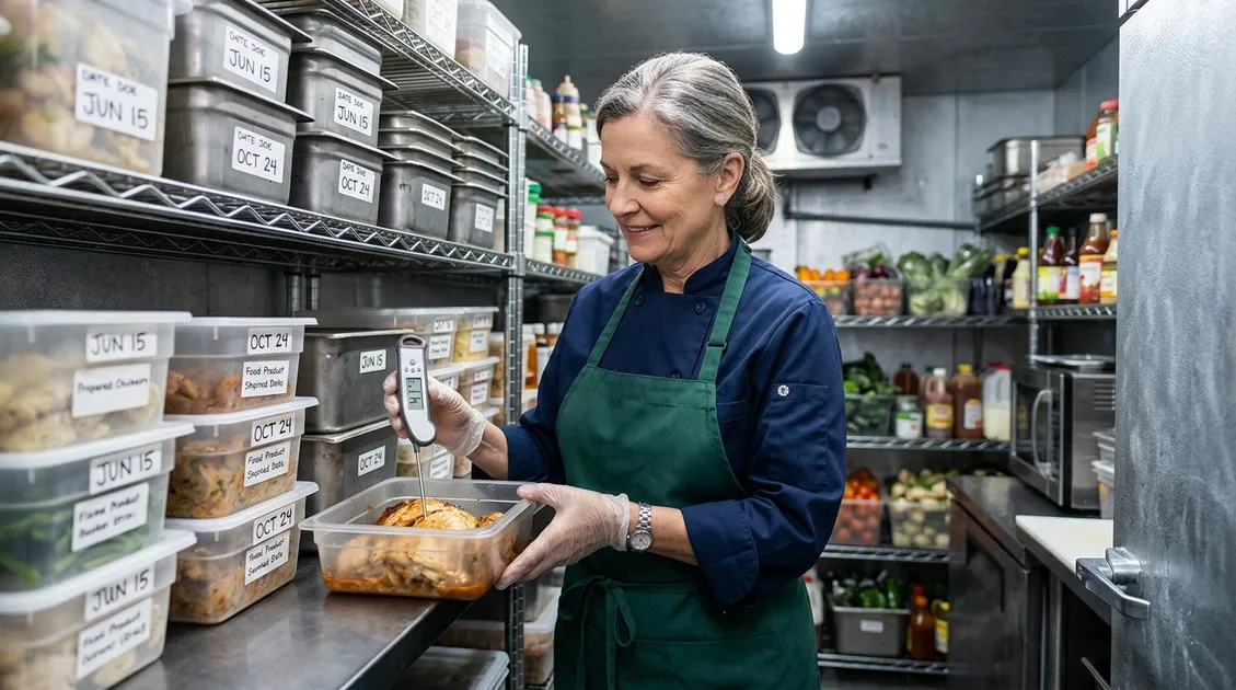F812 sanitary food service check of a walk-in cooler thermometer reading 41 degrees with date-marked containers F812 sanitary food service check of a walk-in cooler thermometer reading 41 degrees with date-marked containers