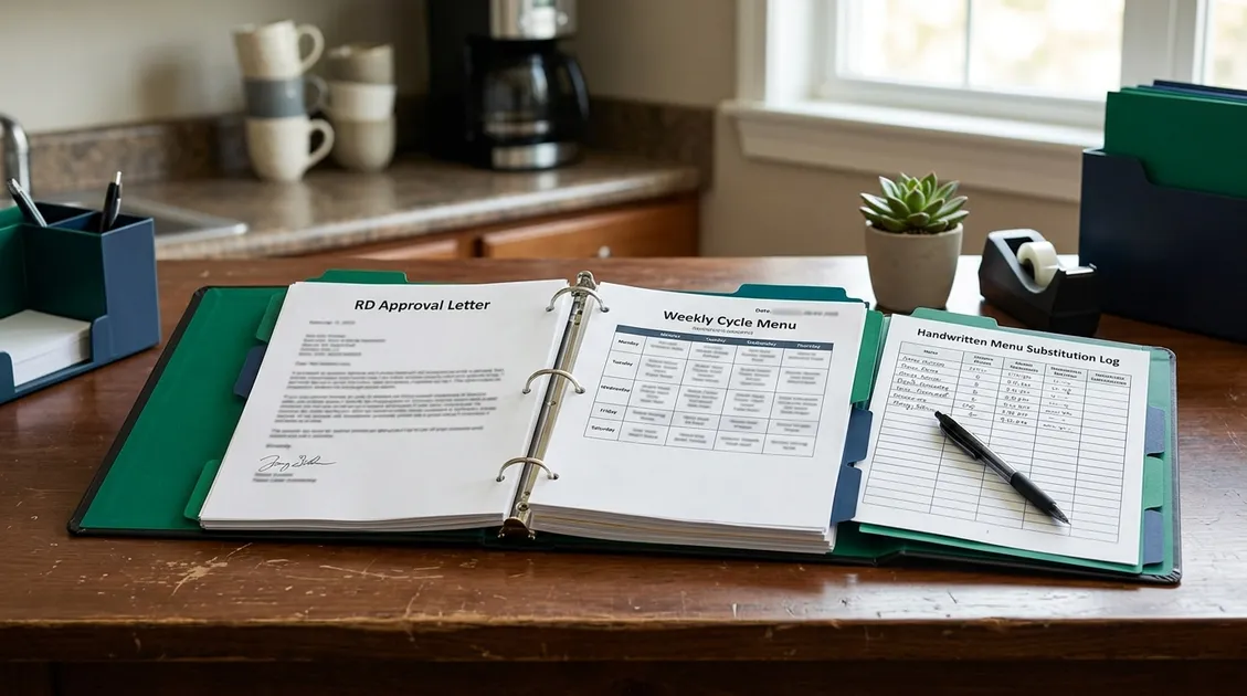 Assisted living survey binder open to a signed RD approval letter, dated cycle menu and menu substitution log Assisted living survey binder open to a signed RD approval letter, dated cycle menu and menu substitution log