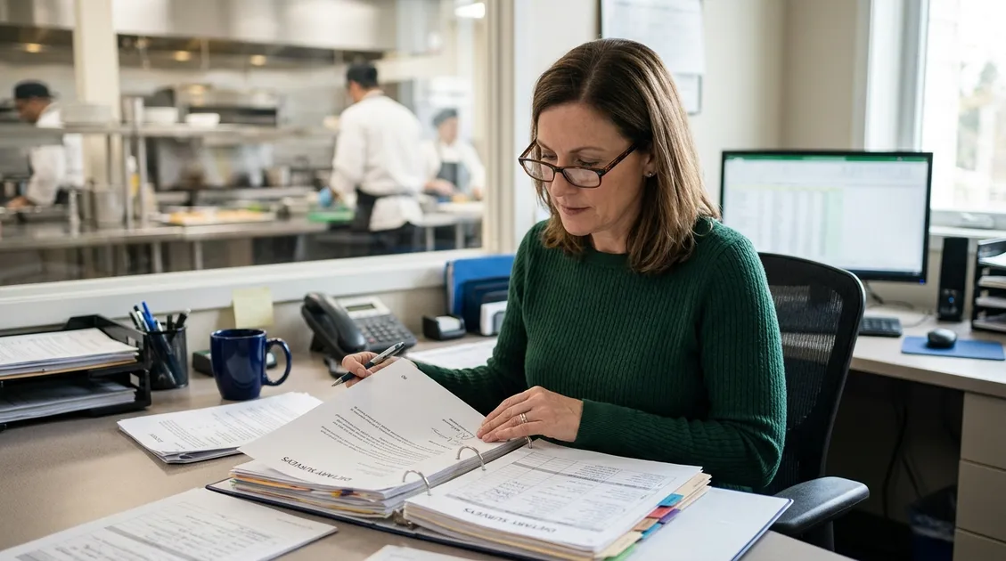Dietary manager reviewing a survey binder with RD approval letter, dated cycle menu and menu substitution log in an assi Dietary manager reviewing a survey binder with RD approval letter, dated cycle menu and menu substitution log in an assi