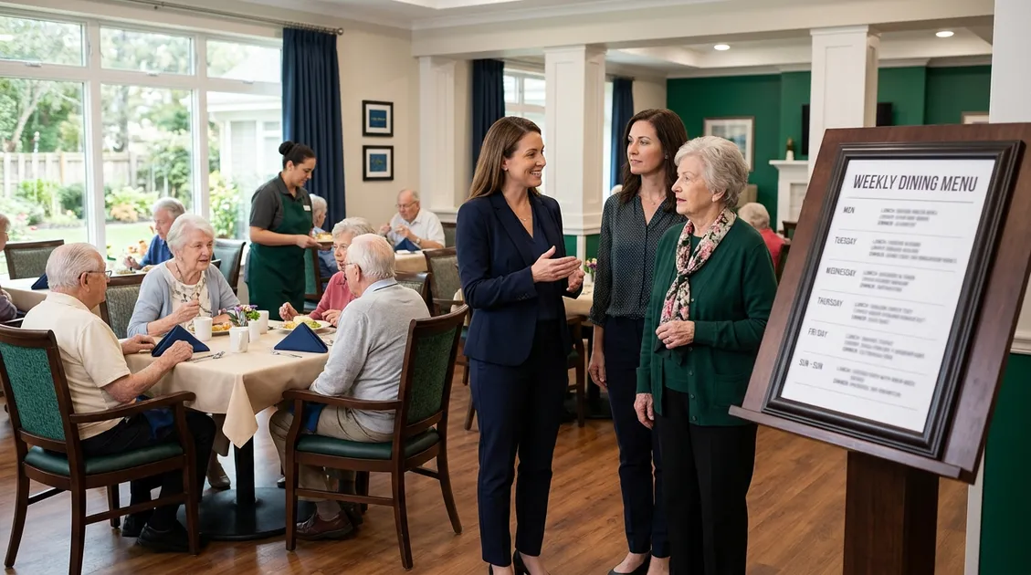 Assisted living dining room at lunch with a posted weekly cycle menu, showing dining as an occupancy driver during a fam Assisted living dining room at lunch with a posted weekly cycle menu, showing dining as an occupancy driver during a fam