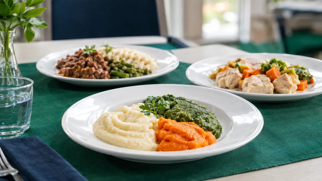 IDDSI Level 4 pureed and Level 6 soft and bite-sized meals plated for memory care residents