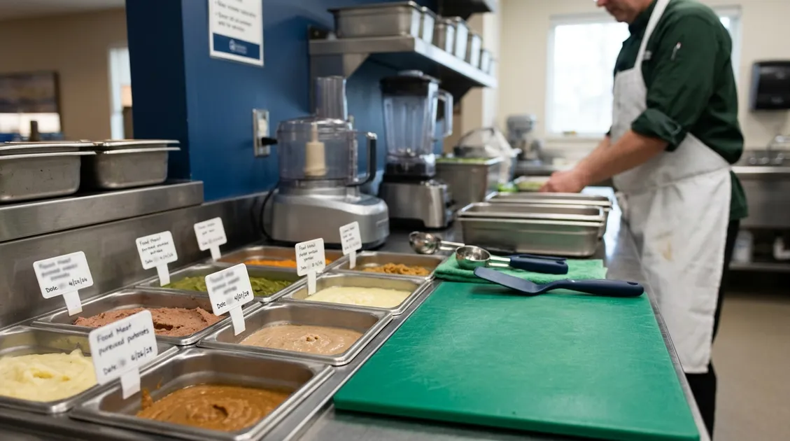 Date-marked pureed entree pans in a senior care kitchen prep zone for texture-modified diets Date-marked pureed entree pans in a senior care kitchen prep zone for texture-modified diets