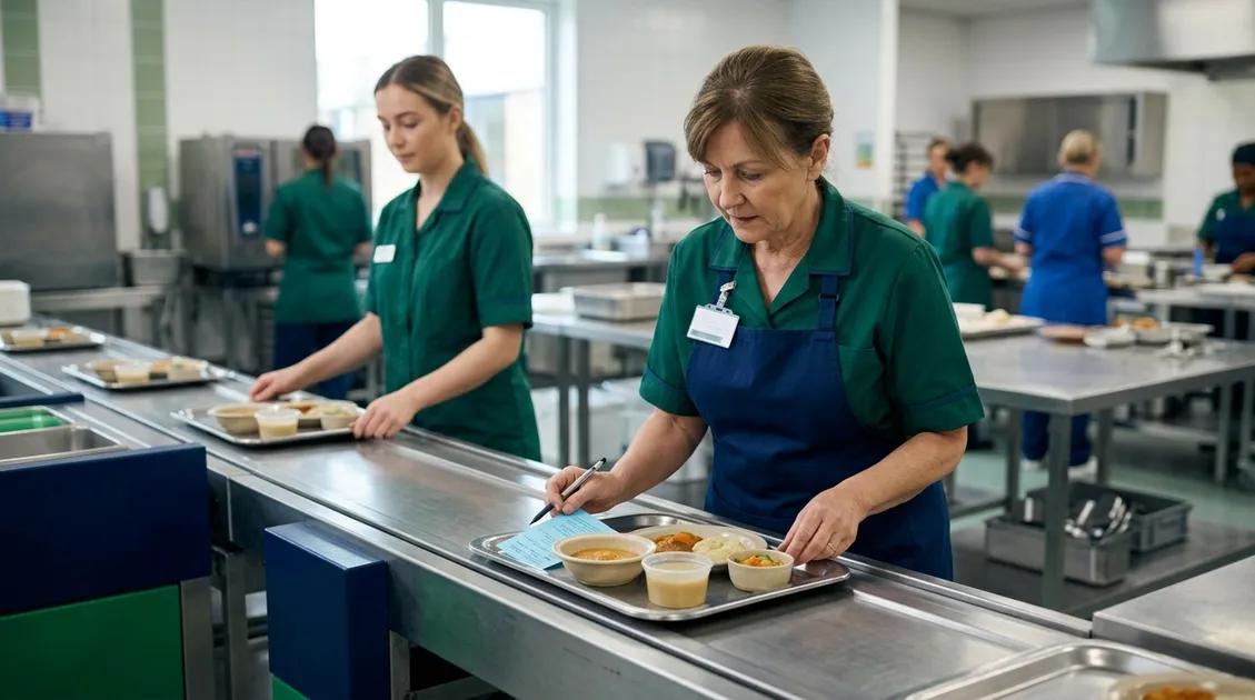 Senior care kitchen tray line where staff verify diet cards against texture-modified meals before service